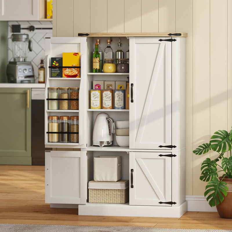 Aosom Küchenbuffet Vitrinenschrank in Weiß mit 4 Türen und 6 Gewürzhaltern im rustikalen Stil, B/T/H: 76,3 x 40 x 136 cm - Bild 2