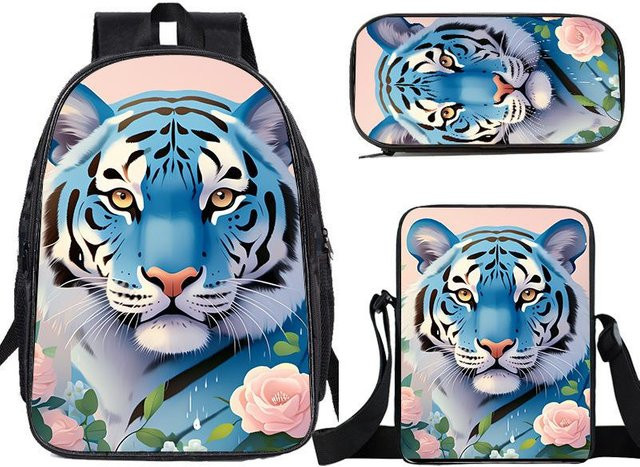 Fancy Style Studio Kinderrucksack Set mit Tiger-Motiv in Blau, bestehend aus Rucksack, Umhängetasche und Federmäppchen - Bild 1