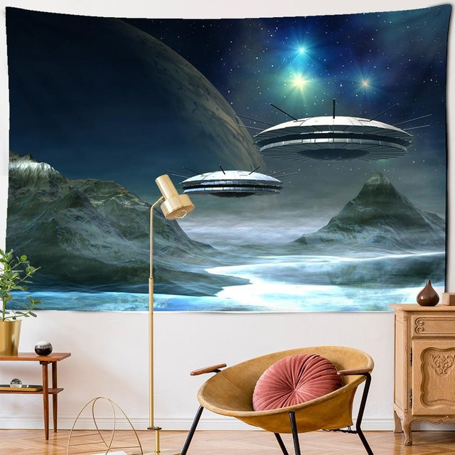 Super Six Raumschiff Wandteppich Interstellar Sci-Fi Design in Grau und Blau, B: 95 cm, H: 70 cm - Bild 1