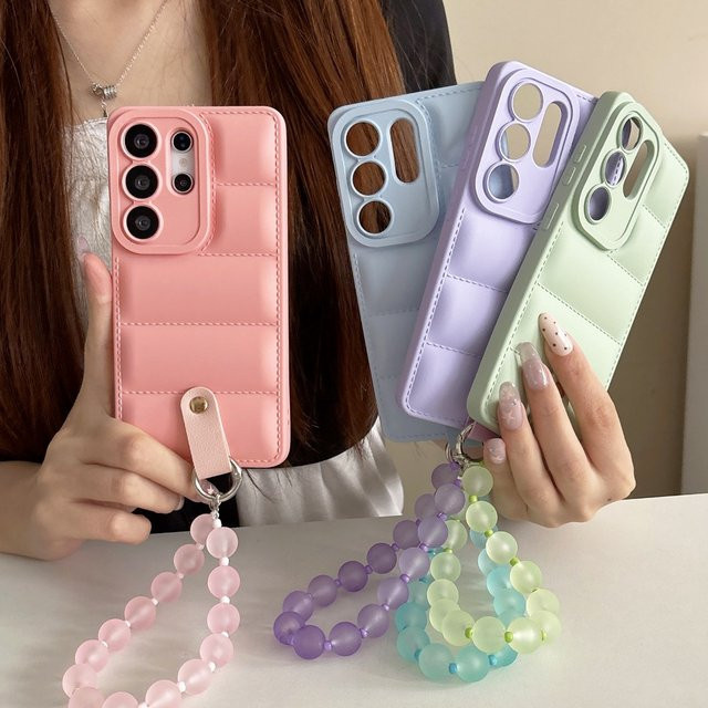 Samsung Handyhülle mit Daunenjacken-Design und Elastikarmband in Grün für Galaxy S26 S25 S24 Ultra S23 S22 Plus A56 A55 A35 A17 A16 A15 weiche Schutzhülle - Bild 1
