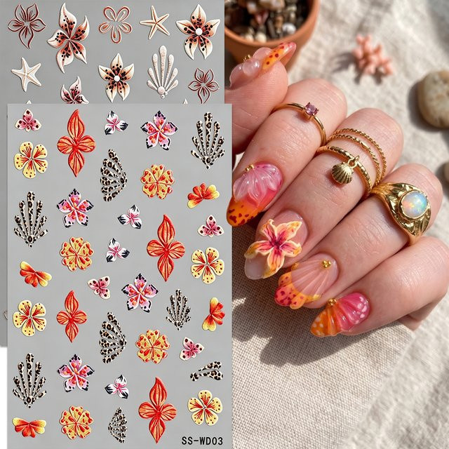 QIANJIKU Nagelsticker, 3D Geprägte Nagelkunst, Leopard, Blumen, Elfenbein - Bild 1