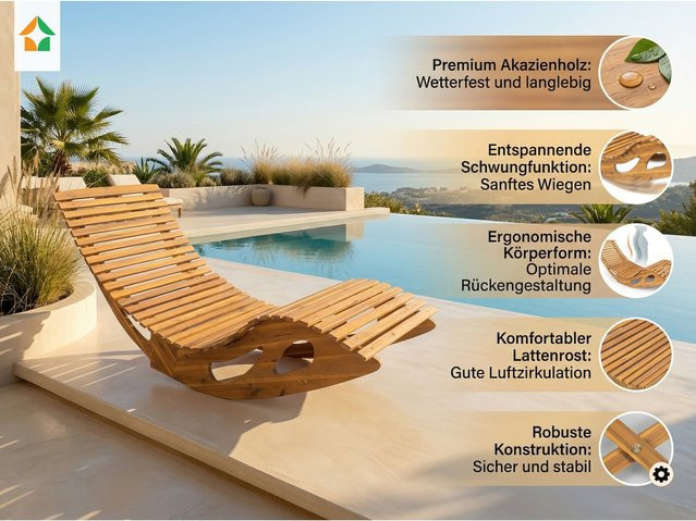 Ergonomische Schwungliege aus Akazienholz von HC Garten & Freizeit, klappbar, braun, B/T/H: 130 x 75 x 60 cm - Bild 2