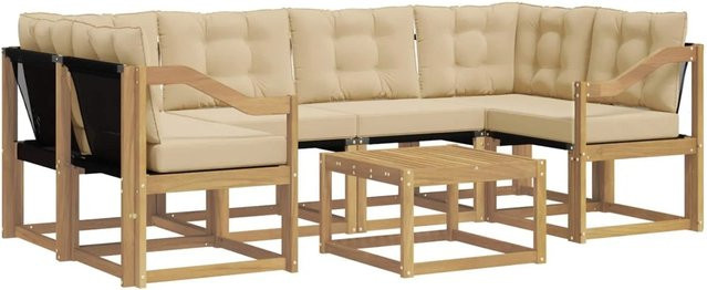 vidaXL 7-tlg. Outdoor-Sofagarnitur in L-Form aus Akazienholz mit Kissen in Weiß und Beige - Bild 1
