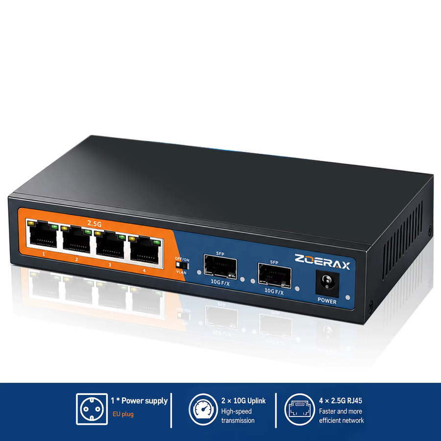 ZoeRax 6-Port Multi-Gigabit Ethernet Netzwerk-Switch mit 4-Port 2.5Gb RJ45 und 2-Port 10G SFP+, Unmanaged mit 4KV Blitzschutz und One-Key-VLAN, Schwarz - Bild 8