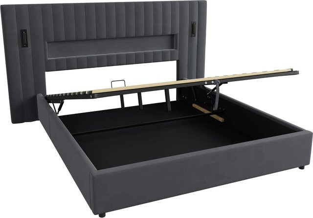 okwish Polsterbett mit Samtbezug und Polsterkopfteil in Grau, B/T/H: 180 x 200 x 233 cm mit USB-Ladeport, Leselicht und Bettunterbeleuchtung - Bild 1