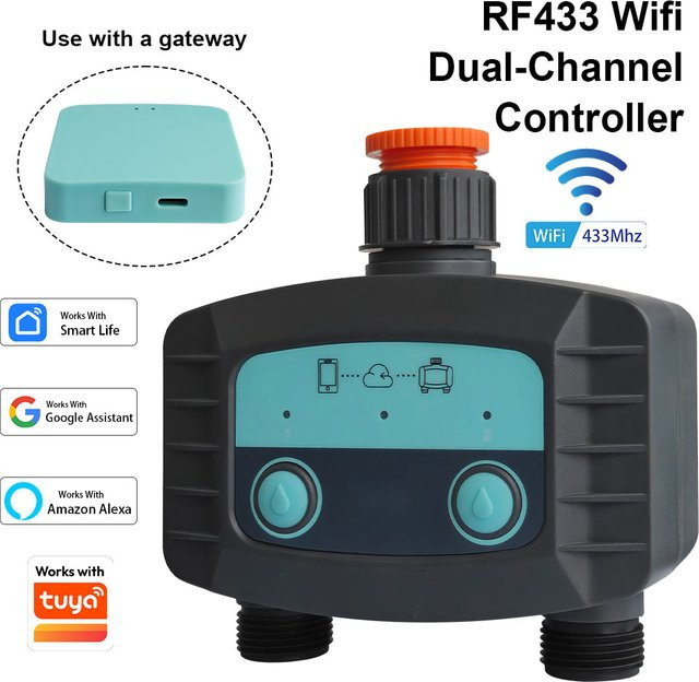 Tuya Dual-Outlet Automatischer Bewässerungstimer Intelligentes Bewässerungssystem für den Außenbereich in Grau - Bild 1