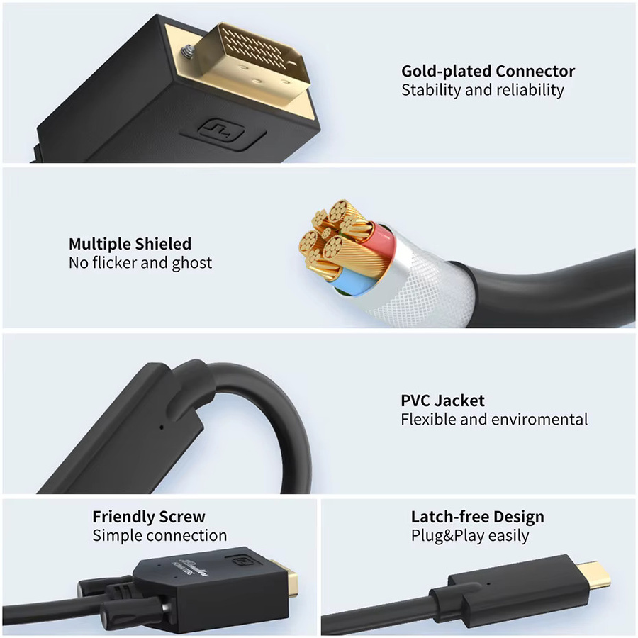 USB-C auf DVI-D Single Link Kabel für MacBook Pro Air Mini und Dell XPS 15, 1080P Unterstützung, Thunderbolt 3/4 und USB 3.1 Typ C kompatibel, Farbe: Schwarz, Länge: 1,8 m - Bild 6
