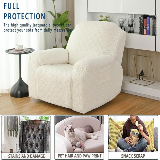 Rongquan 4-teiliger Stretch-Liegesessel-Überzug aus Jacquard-Polyester mit Seitentasche und rutschfestem Design, beige - Bild 1