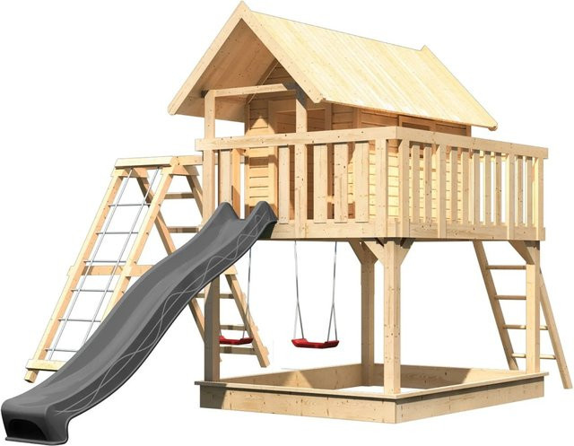 Karibu Stelzenhaus Fidel aus Massivholz mit Rutsche, Schaukel, Gerüst und Netzrampe in Anthrazit - Bild 1