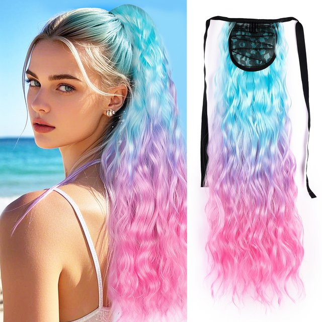 JIAMEISI Pferdeschwanz-Haarteile, Ombre, Blau Lila Rosa, Damen - Bild 1