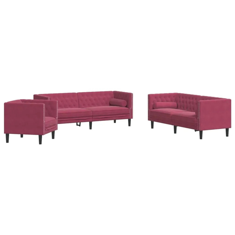vidaXL 3-teiliges Chesterfield-Sofa-Set aus Samt in Weinrot mit Sessel, 2-Sitzer und 3-Sitzer inklusive Nackenrollen und passenden Kissen - Bild 2