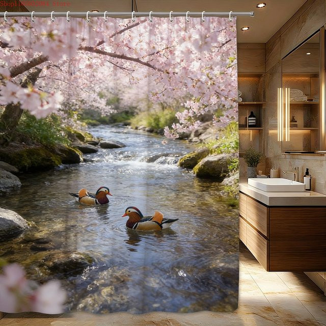Wasserdichter Duschvorhang von BEAST KINGDOM mit Kirschblüten und Mandarinenten in Mehrfarbig - Bild 1