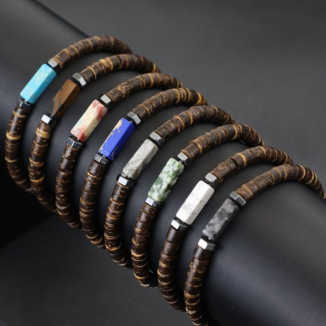 Noter Armband, Kokosnussschale, Tigeraugen, schwarzer Flash-Edelstein, Herren - Bild 1