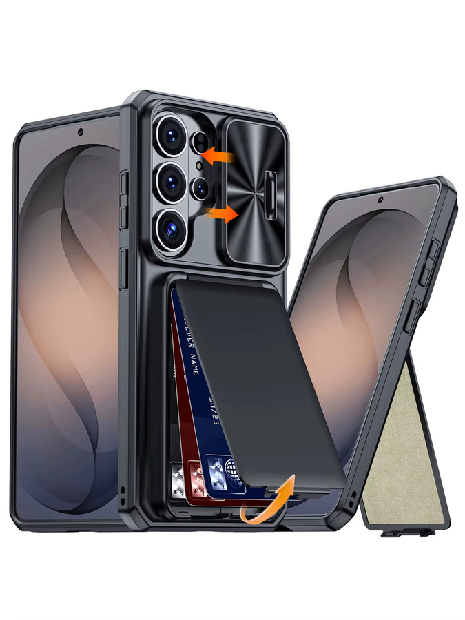 Samsung Galaxy S26 Ultra Wallet Case mit Kartenhalter, Schiebe-Kameraabdeckung und Standfunktion in Schwarz - Bild 6