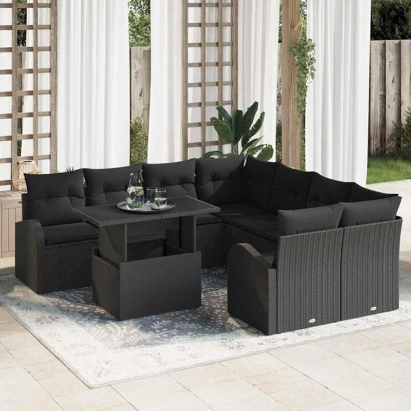 Vidaxl Garten-Sofa-Set aus Polyrattan in Schwarz, modernes 9-teiliges Loungemöbel-Set, B/T/H: 100 x 55 x 73 cm - Bild 1