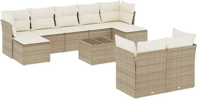 vidaXL 10-tlg. Garten-Sofagarnitur in L-Form aus Polyrattan mit Kissen in Beige-Creme - Bild 1