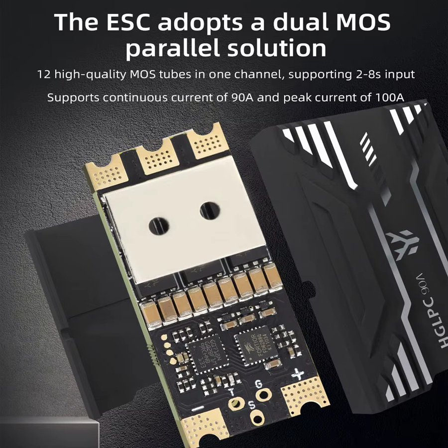 HGLRC SPECTRE 90A ESC mit BL32 Unterstützung, Telemetrie und Dual MOS CNC Shell für RC FPV Drohnen, Schwarz - Bild 2