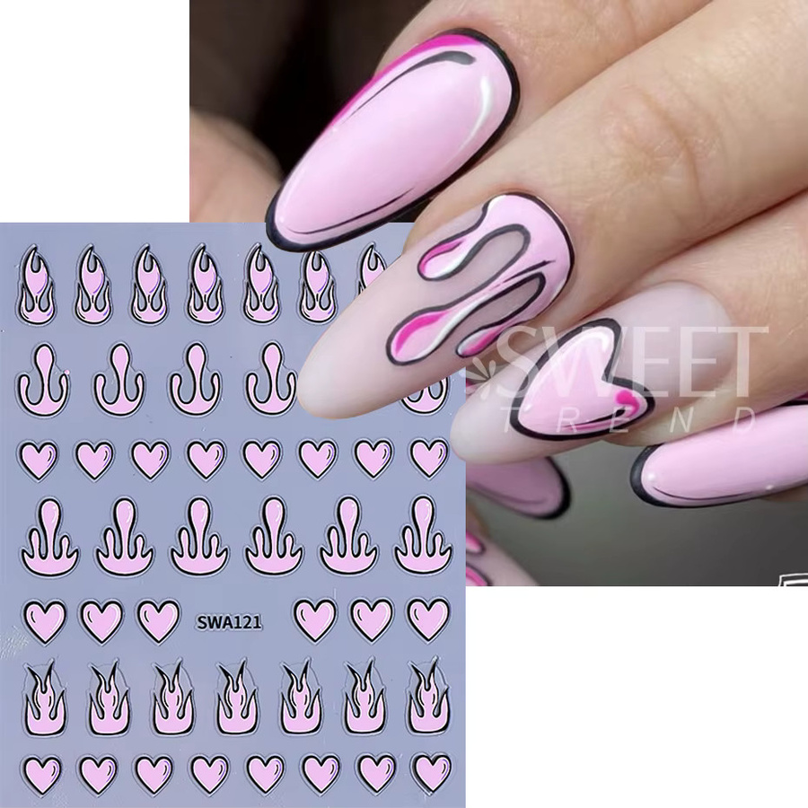 SWEET TREND Nagelaufkleber, Comic Herz und Flamme, Rosa Blau, 3 Stück - Bild 2