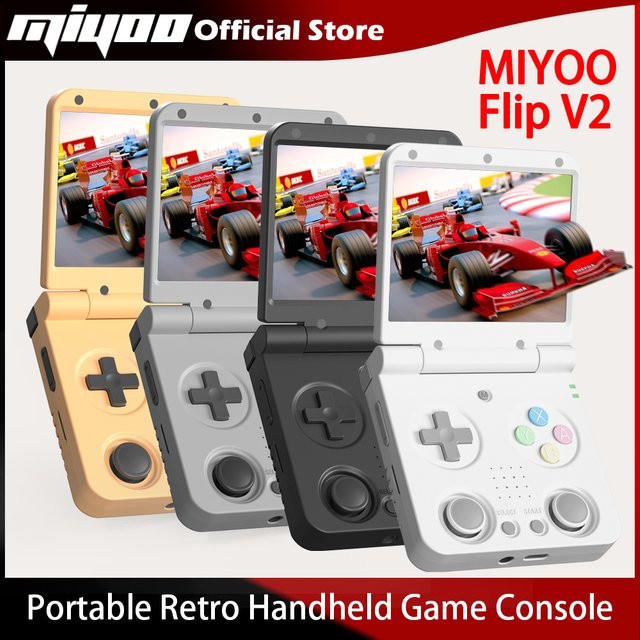 MIYOO Flip V2 Retro-Handheld-Spielkonsole mit 3,5 Zoll IPS-Bildschirm und Metallscharnier in Gelb und Weiß - Bild 1