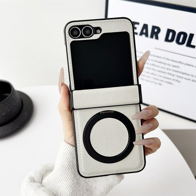 Magnetische Lederhülle mit drehbarer Halterung für Samsung Galaxy Z Flip 6, Z Flip 5, Z Flip 4 und Z Flip 3 in Schwarz - Bild 1