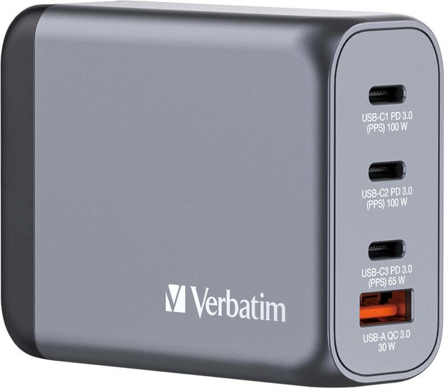 Verbatim GNC-100 Universal GaN-Ladegerät 100W mit 3x USB-C und 1x USB-A in Schwarz/Grau - Bild 3