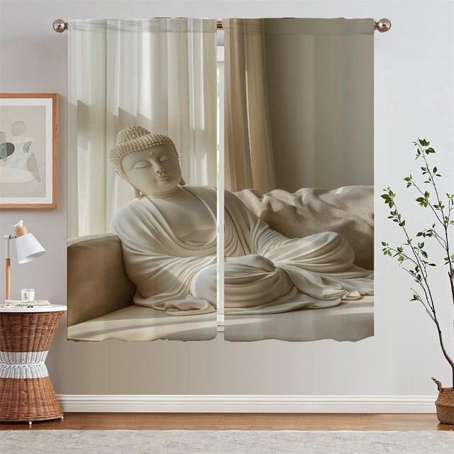 Ruhe Buddha Küchenvorhänge im Set aus 2 Stück, beige, semi-transparent, B: 74 cm, H: 114 cm - Bild 1