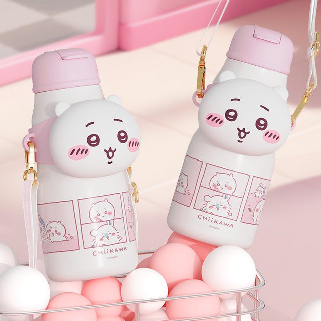 Chiikawa Bandai Isolierte Trinktasse aus 316 Edelstahl mit Stroh für Kinder, 640 ml, Pink/Weiß - Bild 1