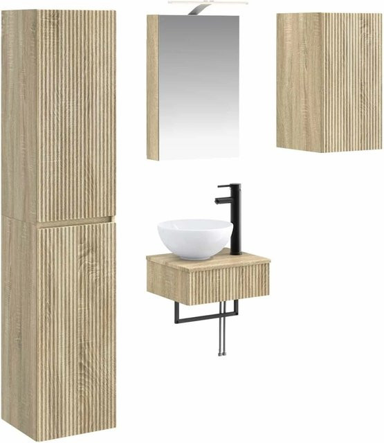 vidaXL Badezimmermöbel-Set 5-teilig in Sonoma-Eiche, modern mit LED-Beleuchtung und Glasfronten, Braun - Bild 1