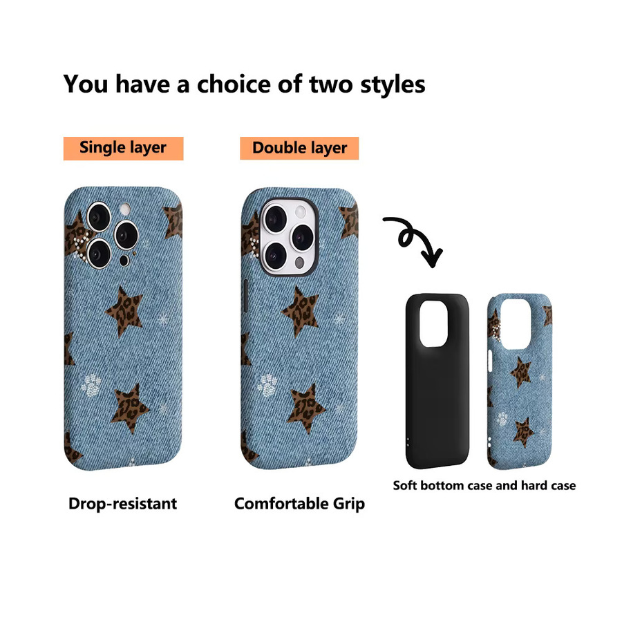 Potdemiel Handyhülle Denim Leopard Star für iPhone 17 16 15 14 13 Pro Max Plus mit doppelschichtiger Rückseite in Blau - Bild 3