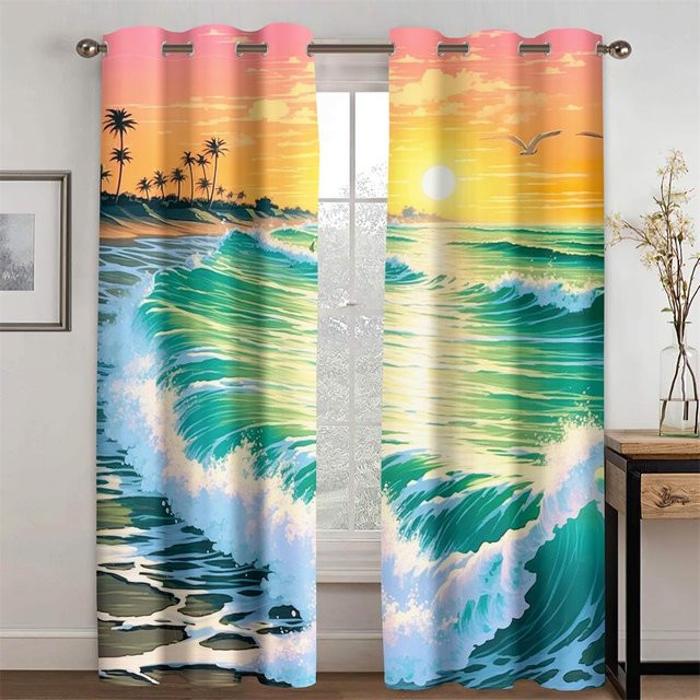 Ozeanwellen Landschaft Vorhänge im Anime-Stil, 2er-Set halbtransparent, Mehrfarbig, B/H: 50 x 130 cm - Bild 1