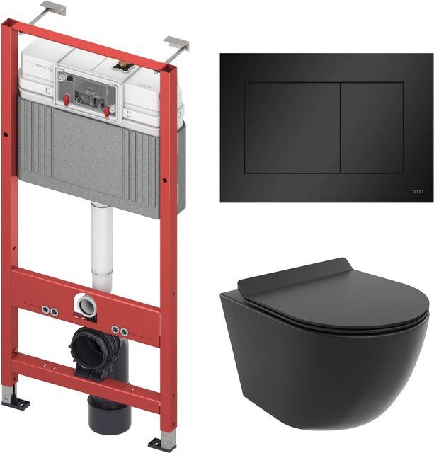 KOLMAN WC-Komplettset mit Vorwandelement und Betätigungsplatte in Schwarz, Wand-WC aus Keramik mit Rimless-Spülsystem und Soft-Close-Funktion - Bild 1