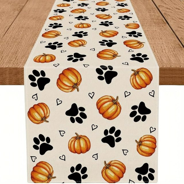 DOKRIY Herbst Tischläufer aus Leinen mit Kürbis- und Hundepfoten-Design, Mehrfarbig, B: 150 cm, H: 33 cm - Bild 1