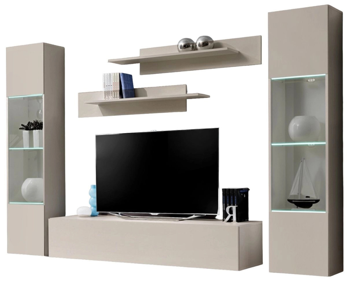 Wohnwand Option von Inn.Furn in Kaschmir Beige, 5-teiliges modernes Wohnzimmer-Set mit LED-Beleuchtung und Glasvitrine, Breite: 260 cm - Bild 5