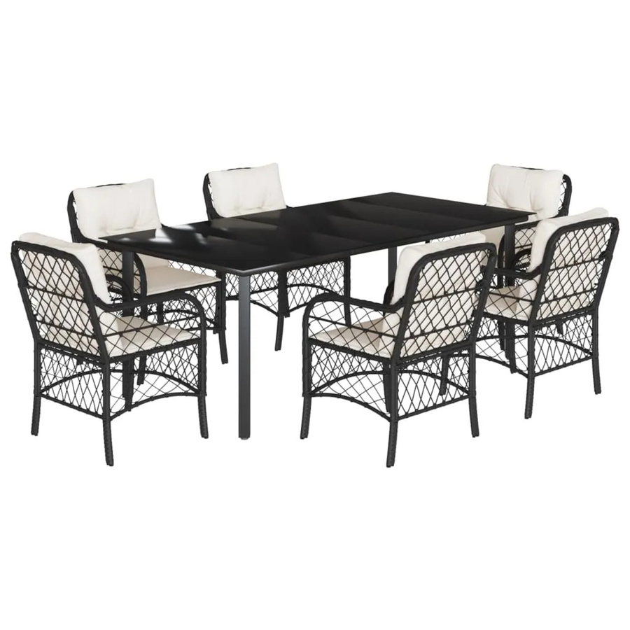 vidaXL 7-teilige Garten-Essgruppe aus Poly Rattan in Schwarz mit cremeweißen Kissen und Glastisch - Bild 2