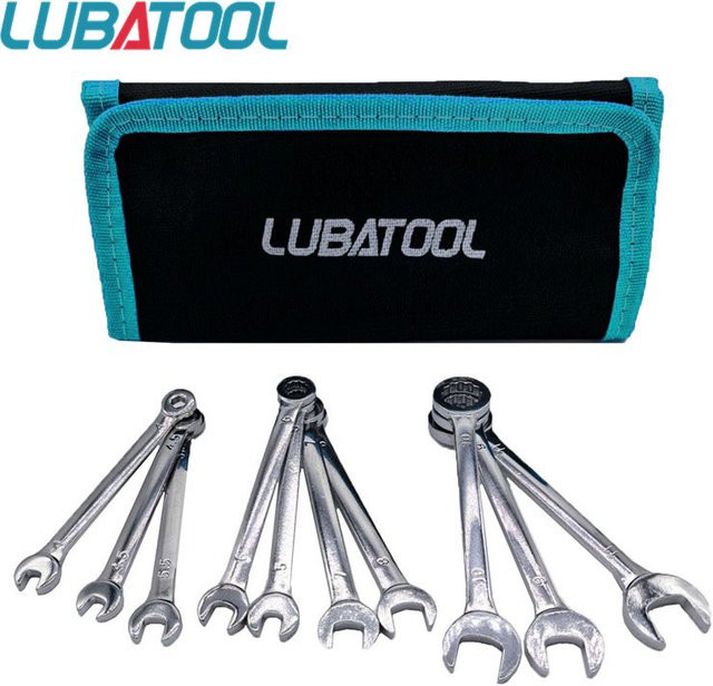 LUBATOOL 10-teiliges Mini-Maulschlüssel-Set aus Kohlenstoffstahl mit Rolltasche, metrisch 4–11 mm und SAE 5/32–7/16 Zoll - Bild 1