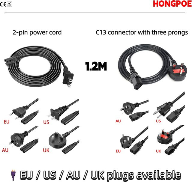 HONGPOE Netzkabel mit 8-förmigem C13-Stecker und Mehrländersteckern in Schwarz, Länge: 120 cm - Bild 1