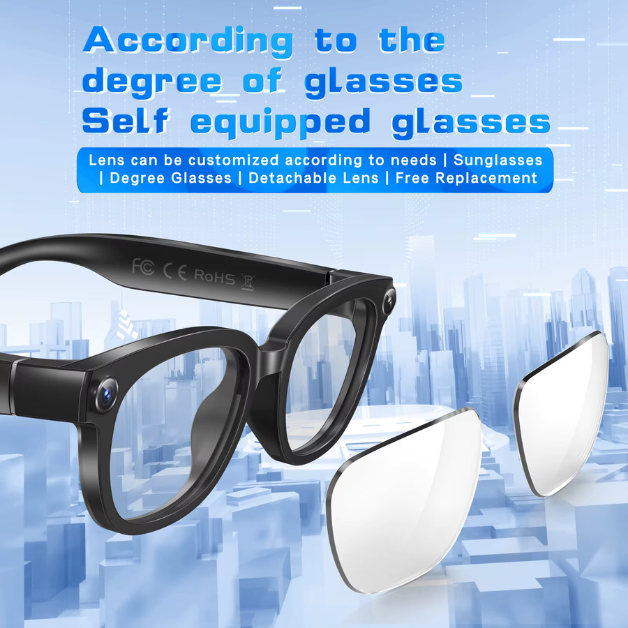 Domars KI-Smart-Brille in Schwarz mit 13MP-Kamera für Fotos und Videos, intelligenter Übersetzung, Konversation und Musikwiedergabe mit elektrochromen Gläsern - Bild 3