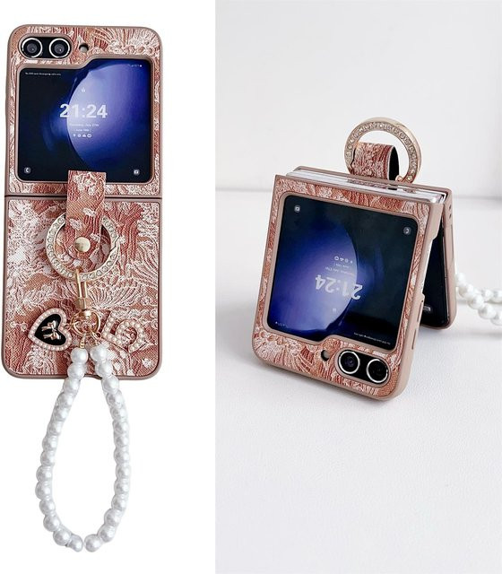 Samsung Galaxy Z Flip 6 5 4 3 Hülle mit Lederringhalterung und Armband im chinesischen Stil, Stoßfest, Mehrfarbig/Pink - Bild 1