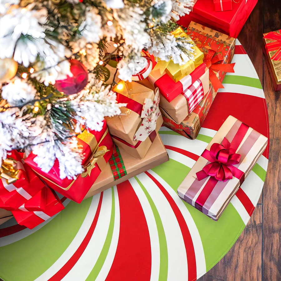 VIKAMA Weihnachtsbaum-Rock mit buntem Süßigkeiten-Wirbel-Streifenmuster, rundes Basispolster aus Textil für deine Weihnachtsdekoration - Bild 3