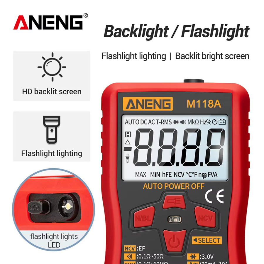 ANENG M118A Digital-Multimeter-Tester mit berührungsloser Induktion für AC/DC-Spannung, Strom und Kapazität, True RMS, Farbe: Rot - Bild 3