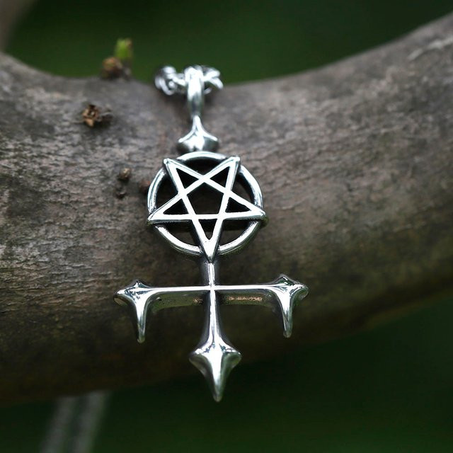 Halskette mit Anhänger Pentagramm Kreuz, Edelstahl, Silber, Herren, Vintage - Bild 1