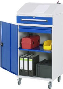 Rau Beistellschrank Stehpult 03 mit Türen, Schubladen und Schloss, mobil, B/T/H: 65,0 x 52,0 x 123,5/134,5 cm