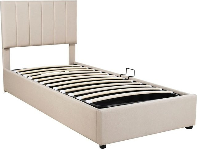 Merax Kinderbett mit Hydraulik-Stauraum in Beige, B/T/H: 90 x 200 x 103 cm - Bild 1