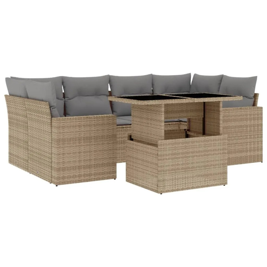 vidaXL 7-tlg Garten-Sofagarnitur in L-Form aus beigem Poly-Rattan mit wetterfesten Kissen und pulverbeschichtetem Stahlgestell - Bild 2