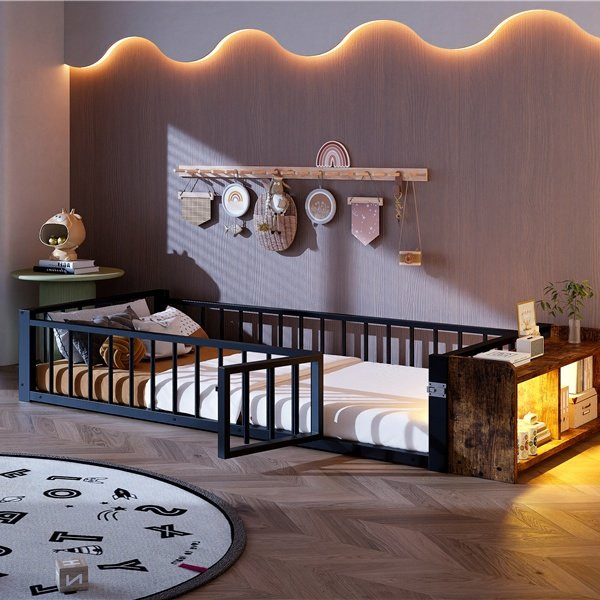 Einzelbett HAUSS SPOLE mit Barriere, offenem Stauraum und LED aus Metall und MDF, Schwarz, B: 90 cm, L: 200 cm - Bild 1