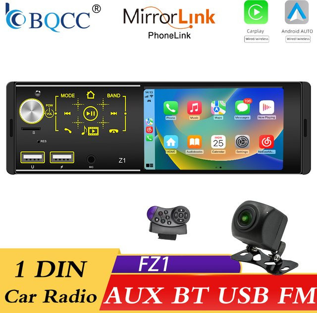 BQCC 1DIN MP5 Auto-Player mit Bluetooth, Apple CarPlay, Android Auto, USB und SD-Karten-Unterstützung, 4,1 Zoll, Schwarz - Bild 1
