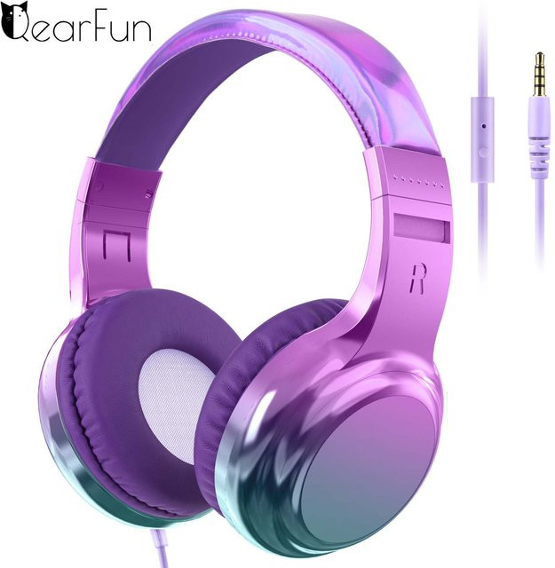 QearFun Gradient Cool Kids Kopfhörer für Mädchen in Purple, kabelgebundene Stereo-Kinderkopfhörer mit Mikrofon und verstellbarem Design - Bild 1