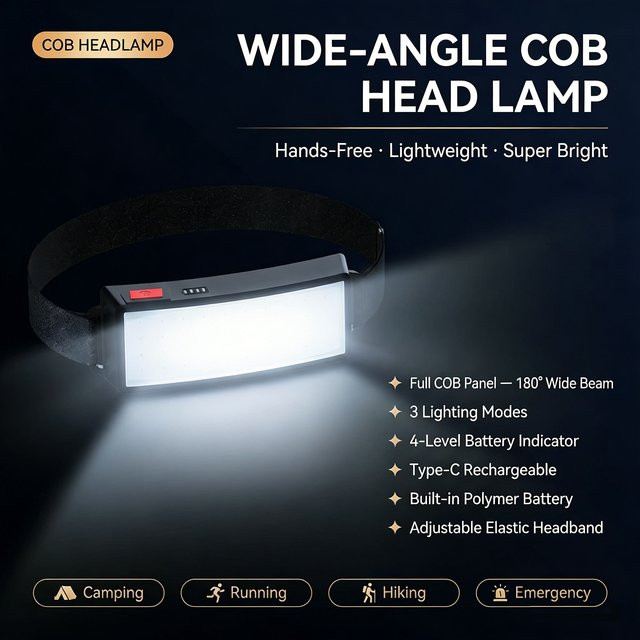 KDULIT COB 180° Flutlicht-LED-Stirnlampe mit 3 Modi und USB-Akku in Schwarz - Bild 1