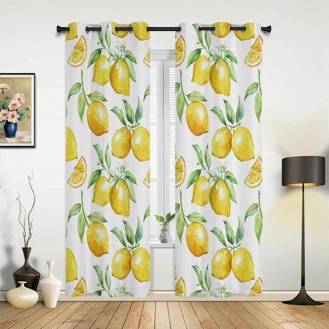 Moderne Vorhänge mit Aquarell-Zitronen-Motiv in Weiß und Gelb, semi-transparent, 2er-Set, Breite: 107 cm, Höhe: 215 cm - Bild 1
