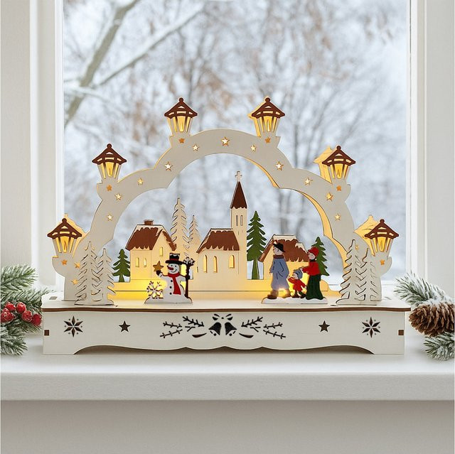HTI-Living Lichterbogen Weihnachtsdorf mit Schneemann in modernem Weiß aus Holz für Advent und Weihnachten - Bild 1